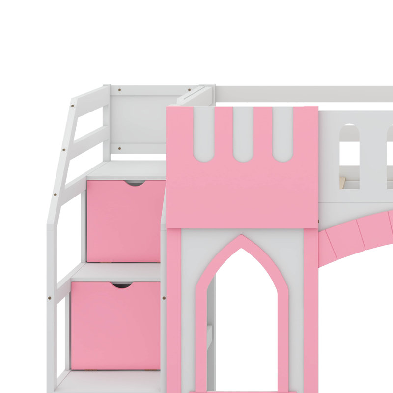 Wooden Twin Size Loft Bed With Storage Staircase, Windows And Full-Length Guardrail, Pink