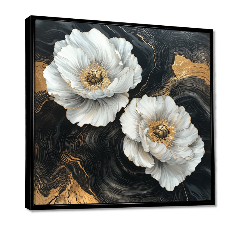 Rundell - pivoines de Goldern abstraites sur glissade sur bois foncé II - pivoines, art mural large, Noir, noir, noir, noir