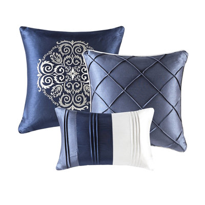 7 Piece Comforter Navy For Queen - Faux Silk, Details, Filling, All Season, Machine Washable Home Decor Lustrous Design, , Year-Round, Textiles