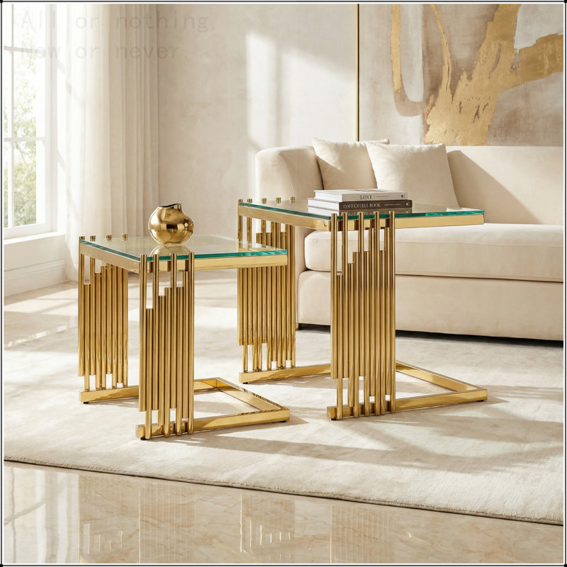 Ensemble de 2 tables basses gigognes avec verre trempé et cadre doré