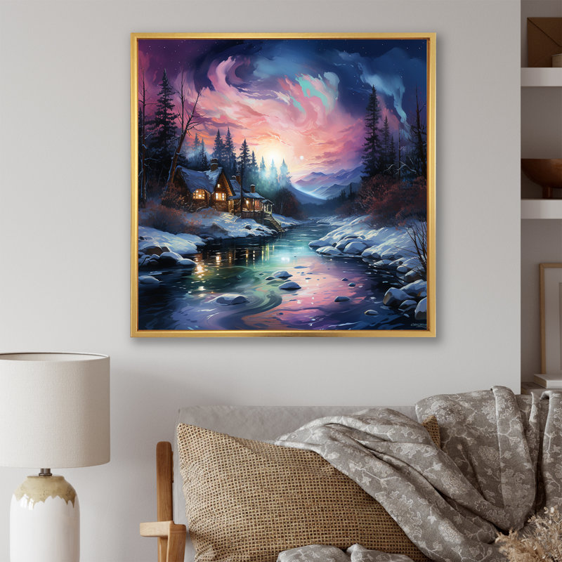 Aurore boréale, paysage d'hiver, H 16 po x l 16 po x P 1 po, Cadre flottant doré