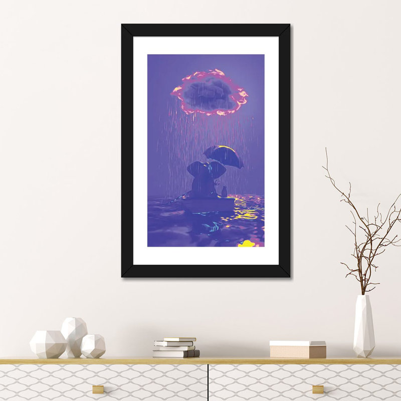 Un éléphant et un chien flottant dans un bateau dans la pluie IV par Mike Kiev-impression d’art graphique, Blanc, Papier noir
