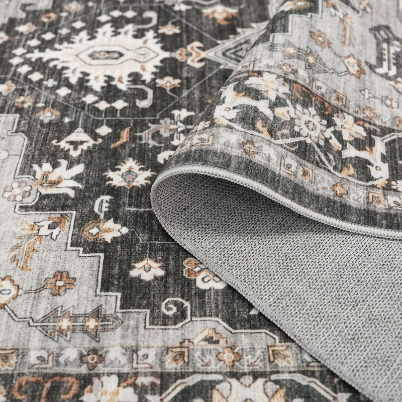 Black Washable Area Rug, Non Slip Rubber Backing, Stain & Fade Resistant, Floral Distressed Indoor Floor Carpets, 9x12