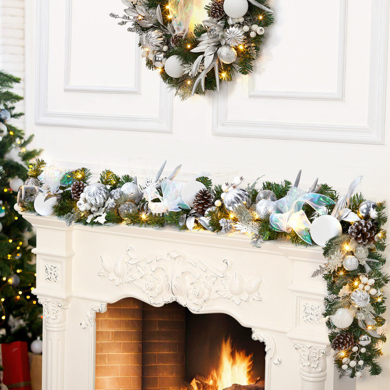 Guirlande de Noël de 6 pi avec guirlande de Noël en flocons de neige artificiels, blanc et argent