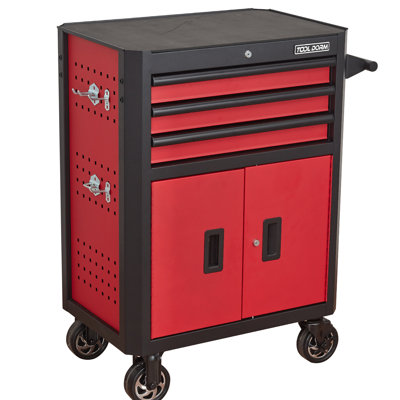 28 - Inch 3 Drawer Rolling Tool Chest In Black And Red, Featuring Wheels Locking For Workshop Organization On Wheels, With Liners System Garage Storage