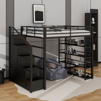 Lit mezzanine double en métal avec tablettes de rangement, armoires et garde-robe