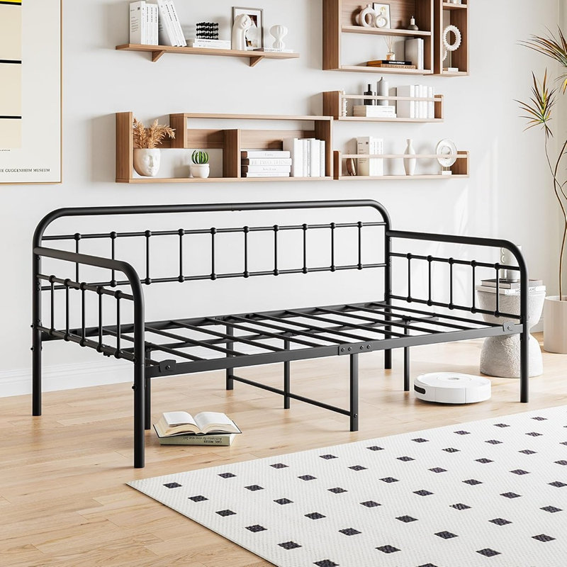 Black Twin Metal Daybed Frame, Heavy Duty Slat Platform For Sofa Bed Or Mattress Foundation, No Box Spring Needed