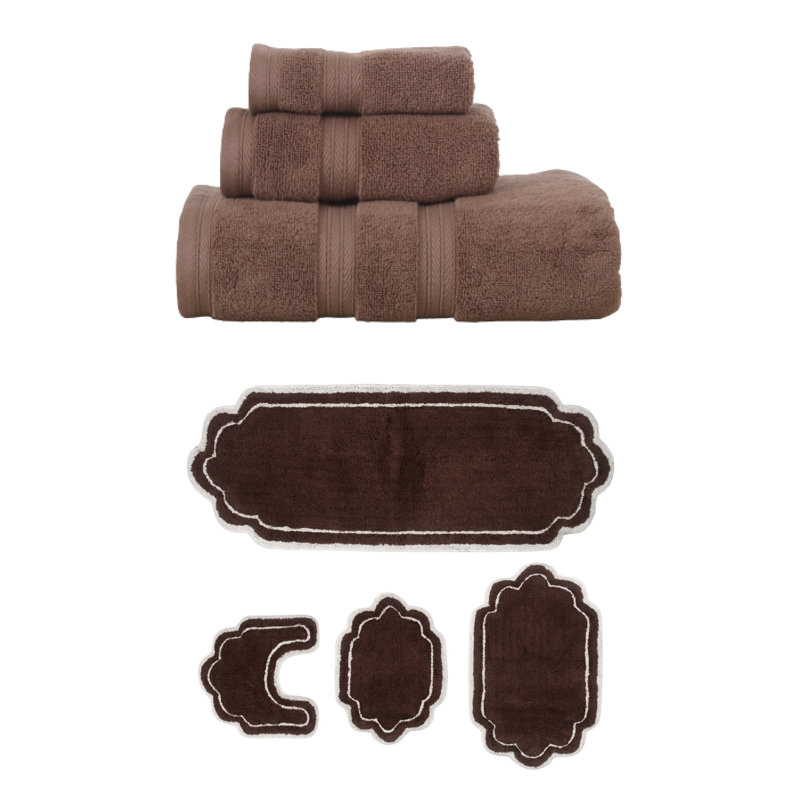Ensemble de serviettes 3 pièces et de tapis de bain 4 pièces Talbert Collection, 100% coton doux, chocolat, Corail