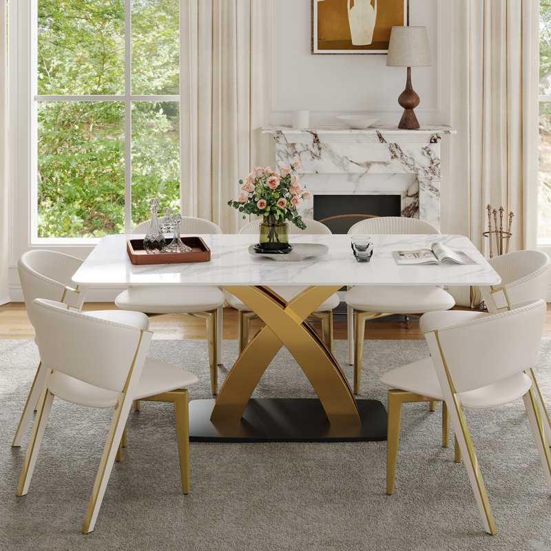 71" Modern Rectangular Sintered Stone Dining Table with Stainless Steel X-Base, White Marble Vein Finish, Rounded Corners
