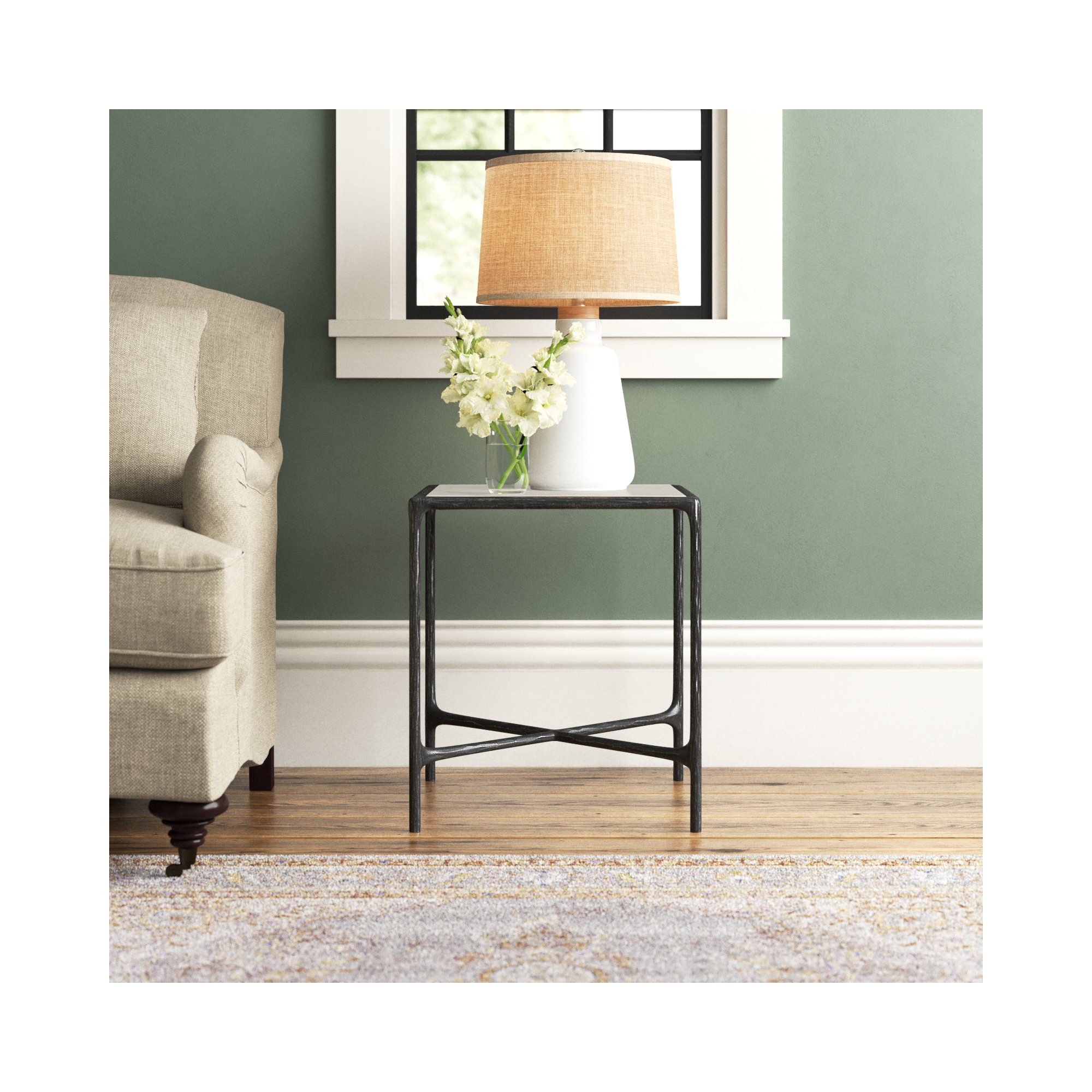 Evelynn End Table, White Marble, Black