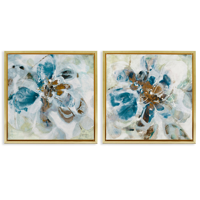 Ensemble de 2 toiles flottantes bleu sarcelle avec pétales de fleurs abstraites par Liz Jardine, H 25 po x l 25 po