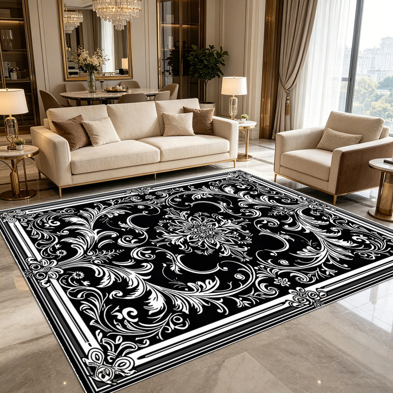 1PC Vintage Black & White Ornate Damask Floral area rugs for Living Room, Soft, All seasons, Easy-maintain, Washable Indoor mat, Farmhouse suitable for dining room, bedroom, entryway, kitchen, patio, study, Home Decor, Outdoor Decor.