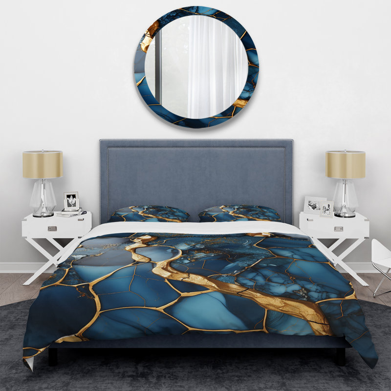 Ensemble de housse de couette abstrait doré et saphir bleu marbré IV, Housse de couette simple + 1 taie décorative stan