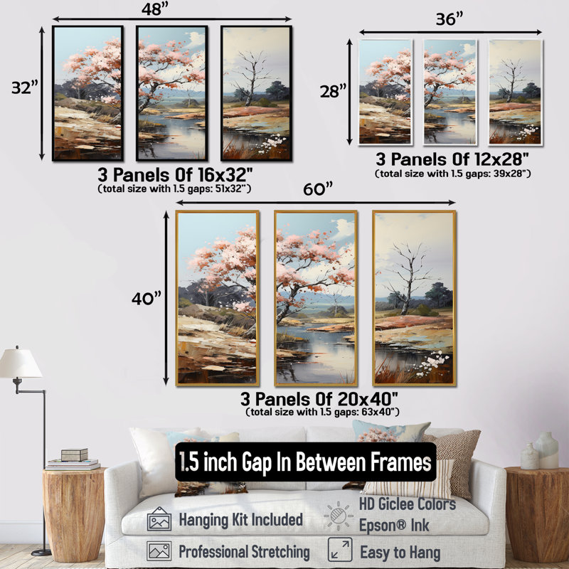 «Pink Trees Blooming In Country Charm» - ensemble d'art mural arbre, Cadre flottant blanc, H 32 po x l 48 po x P 1 po