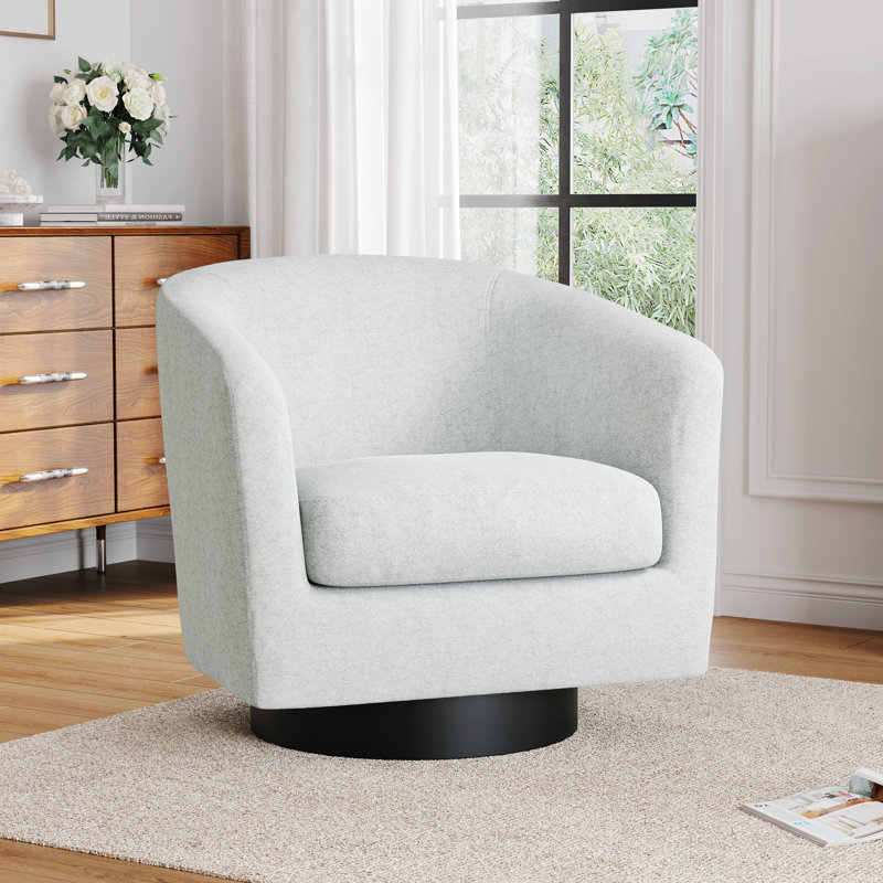 Upholstered Swivel Barrel Chair With Solid Wood Base, Beige