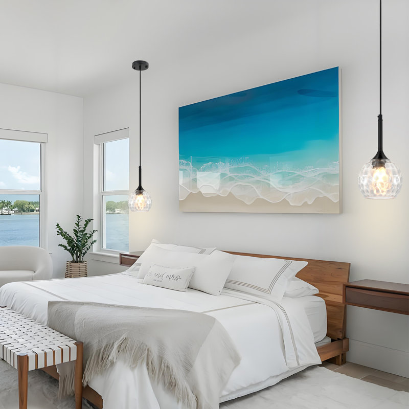1-Light Pendant Light Fixtures Over Island With Hammered Glass Shade, Clear