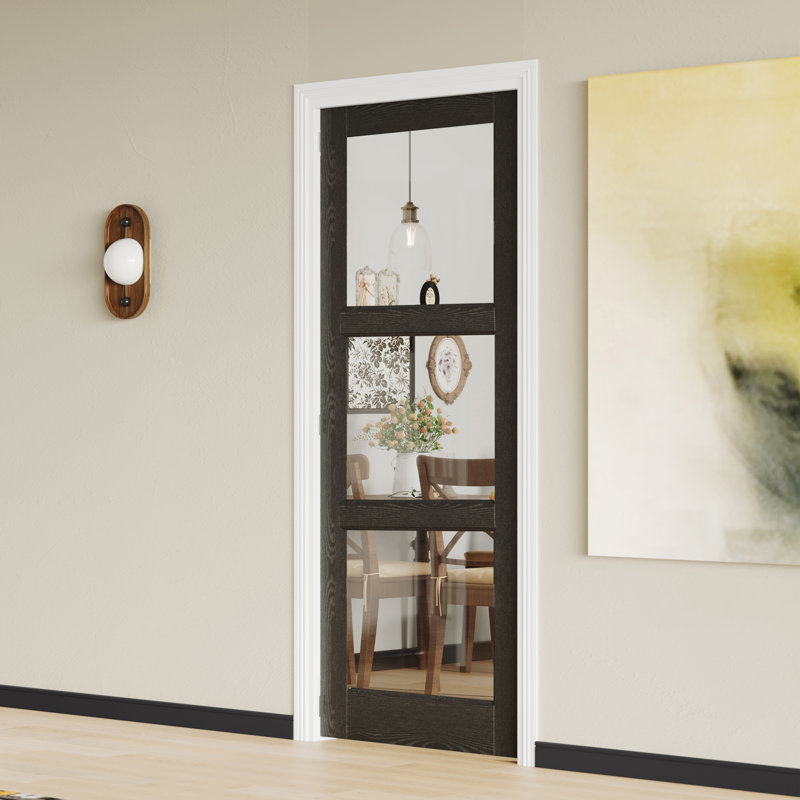 Interior Door Slab with Matching Frame – 3 Lite Clear Glass Black MDF Interior Door for Modern Living Spaces, Right