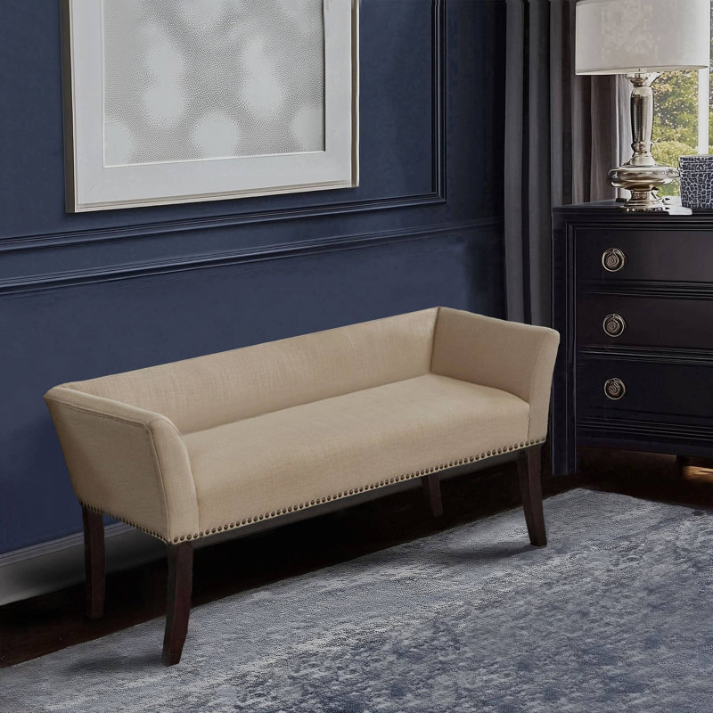 Alfordsville 49.5” Wide Upholstered Nailhead Bench, Beige/Dark Walnut