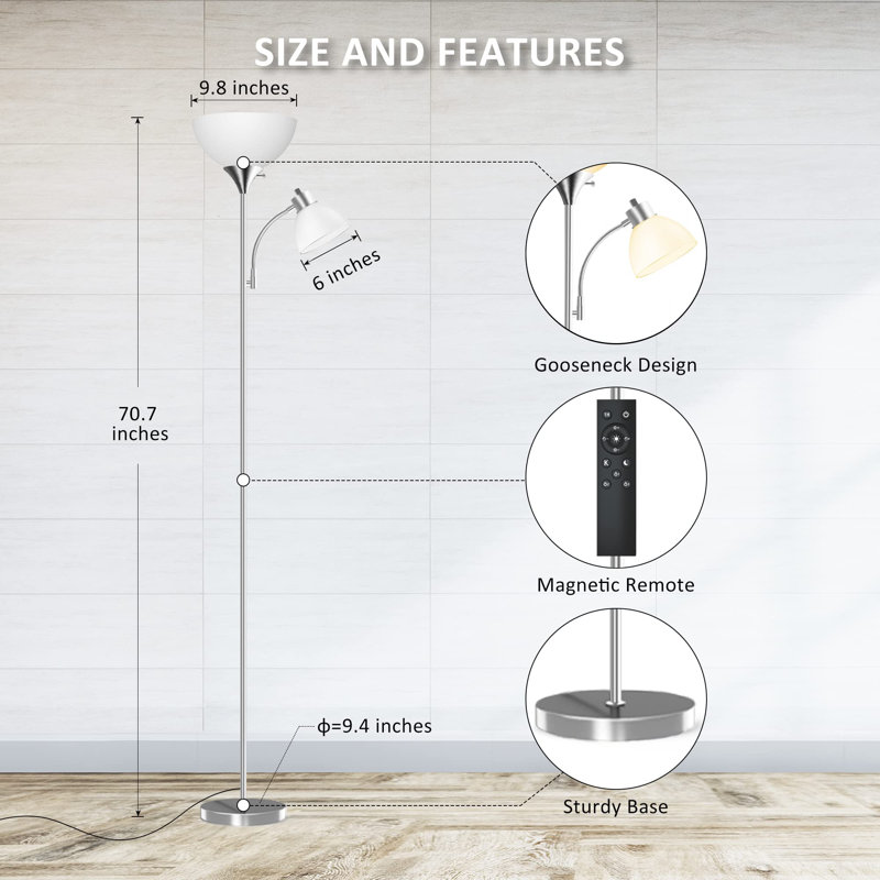 Lampe sur pied 70 po pour salon, Nickel