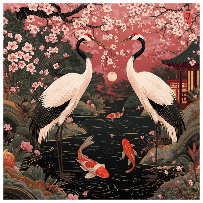 Rideaux de douche Cheroi Blossom Cranes Koi, L 70 po x H 84 po