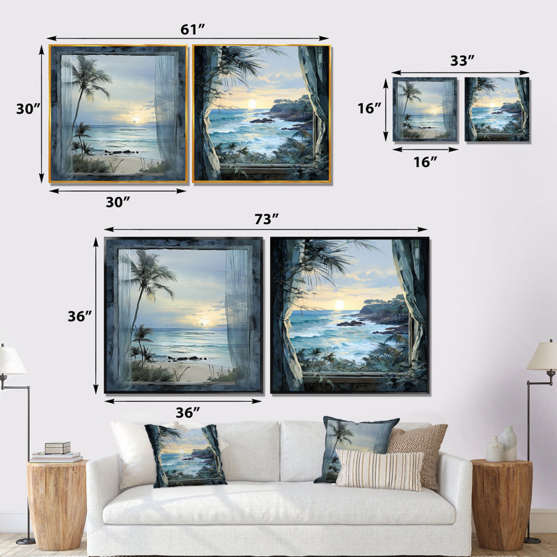 «Tranquility Beach Windows Horizon IV - Coastal Windows», ensemble de 2 reproductions d'art sur toile, Encadrement brun