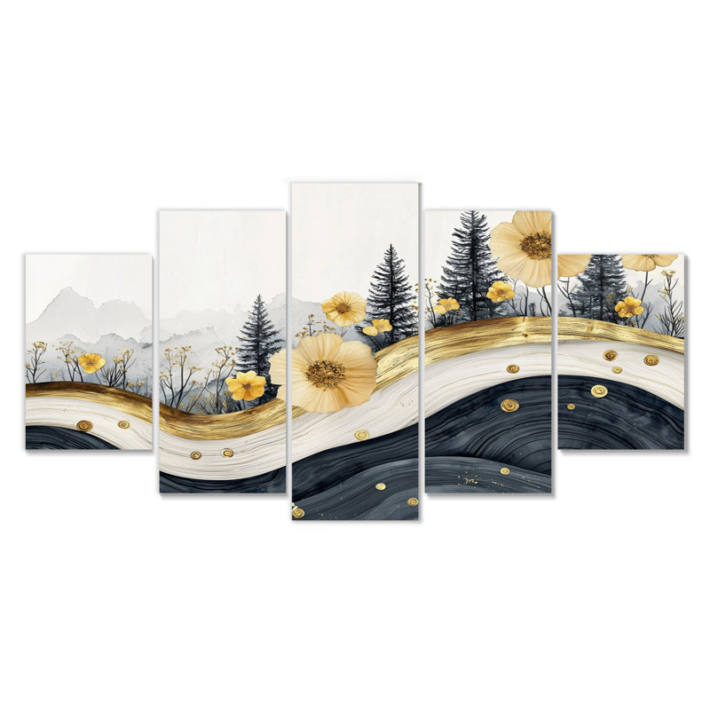Fleurs dorées dorées, rivière de cristal, paysage III - art mural fleurs sauvages - décoration murale traditionnelle 5 pièces
