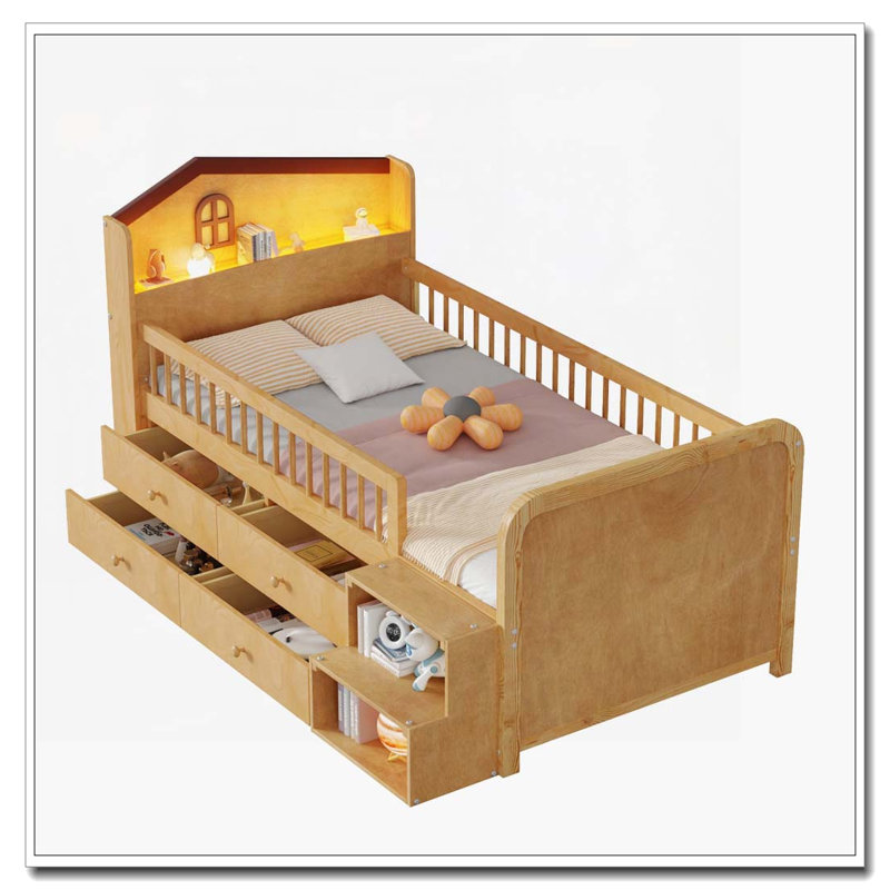 Lit de rangement en bois en forme de maison avec lumières DEL, tiroirs, Natural