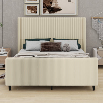 High Headboard Upholstered Bed Frame With Vertical Stripe Wingback And High Footboard