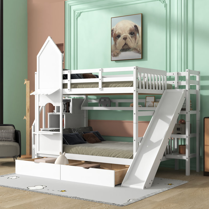 Beacan Kids Twin Over Twin Bunk Bed with Drawers, White, Full Over Full
