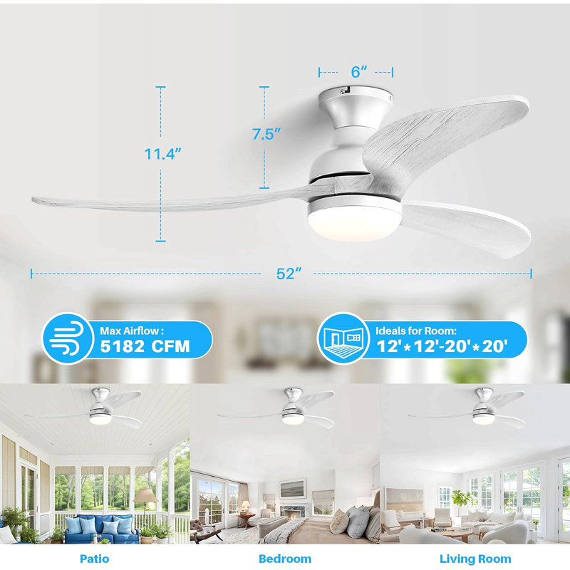 Ventilateur de plafond moderne de 52 pouces avec 3 pales en bois massif à intensité variable et télécommande, Argent argent