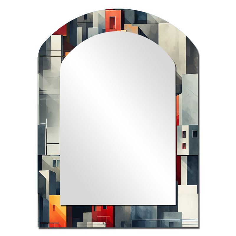 Petronella Grey Cubic Striped Wall Pattern - Striped Asymmetrical Decorative Mirror, Grey Arch Wall Mirror, Printed Metal Art