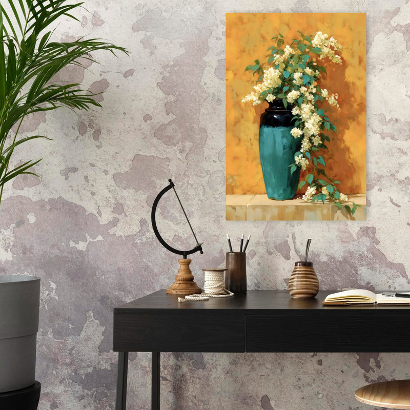 Art floral mural cascade de fleurs bleu sarcelle délicat jasmin rustique nature