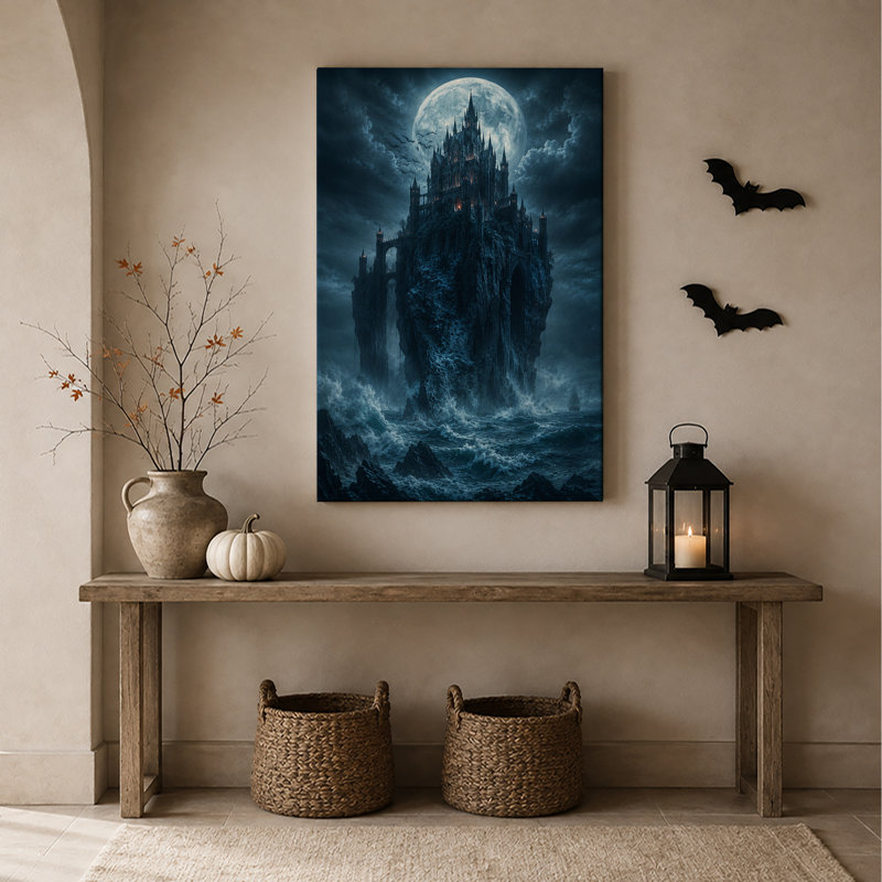 Impression sur toile, "Château gothique sur une mer orageuse sous la pleine lune", H 48 po x l 36 po