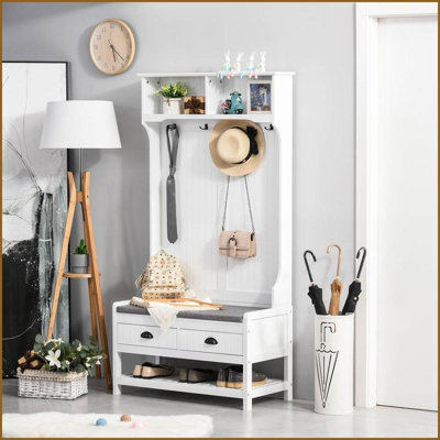 Coat Racks 3-in-1 Hall Tree Entryway Bench with Shoe Rack, 2 Drawers, 4 Hooks &amp; Padded Seat, Modern | White | MDF