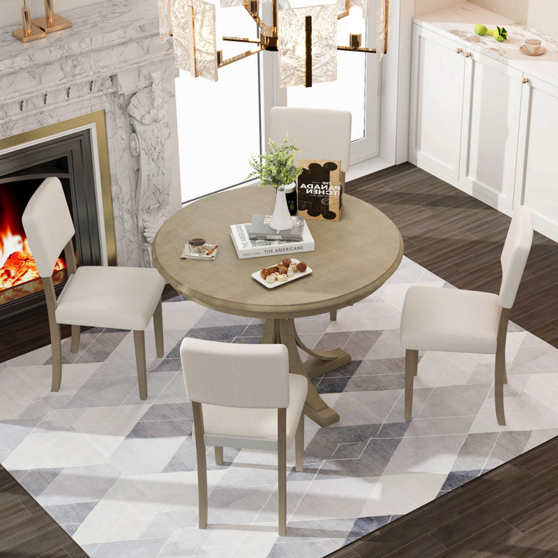 Ensemble de table de salle à manger 5 pièces avec pieds courbés et 4 chaises rembourrées pour la salle à manger, Taupe