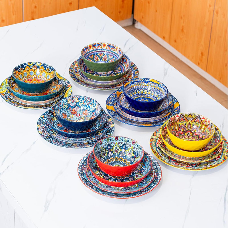 Service de vaisselle 24 pièces, assiettes et bols Boho Style