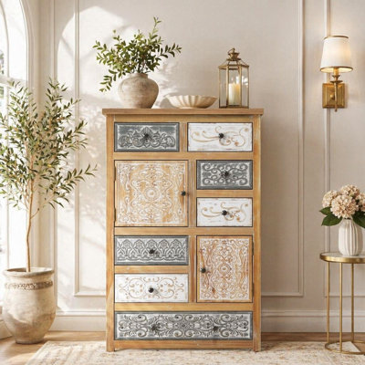 Armoire d'appoint vintage rétro en bois avec 7 tiroirs et 2 portes, coffre de rangement sculpté multicolore rustique pour le salon, la chambre à coucher, la salle de bain, décor de style maison de campagne