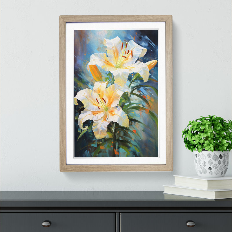 Lily Flower Impressionism - Single Picture Frame Print on Wood, 64cm H x 46cm W x 2cm D, Oak