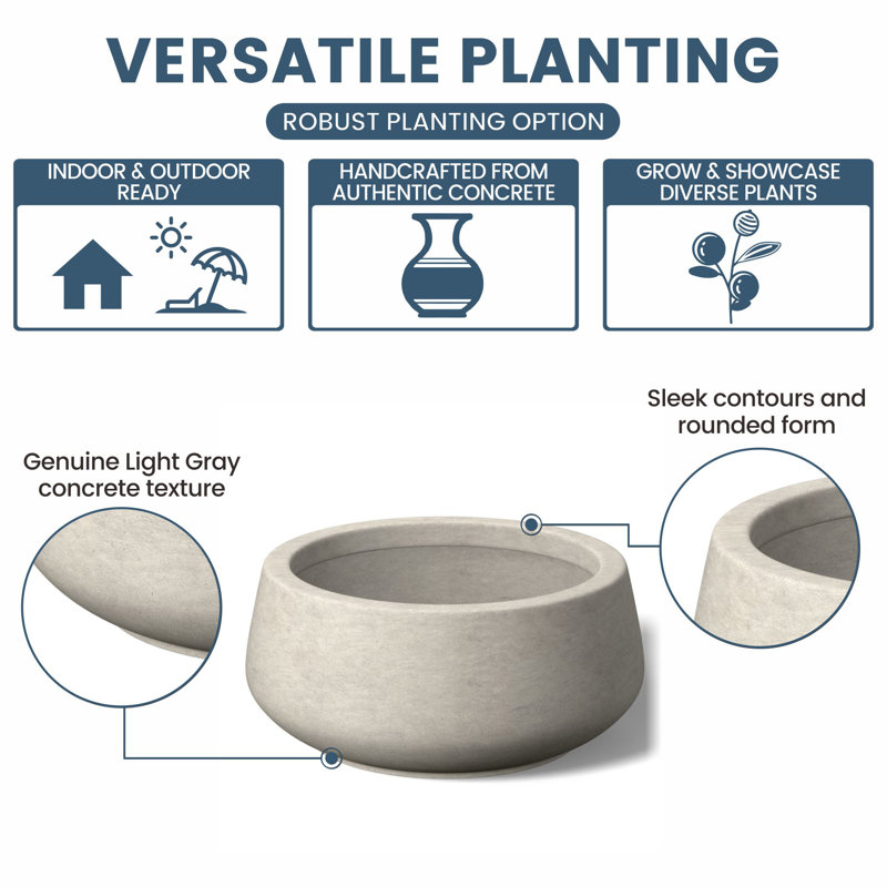 Medium Concrete Round Planter / Pot With Drainage Holes, Light Gray, 5.9" H x 12.6" W x 12.6" D