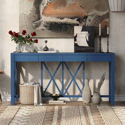 60'' Acacia Veneer Console Table with 4 Spacious Drawers, Modern Crisscross Design Entryway Table with Open Bottom Storage for Living Room, Kitchen, Dining Room, Hallway