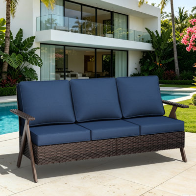 Outdoor Patio 3-Seater Rattan Sofa with Durable All-weather Thick Blue Cushions