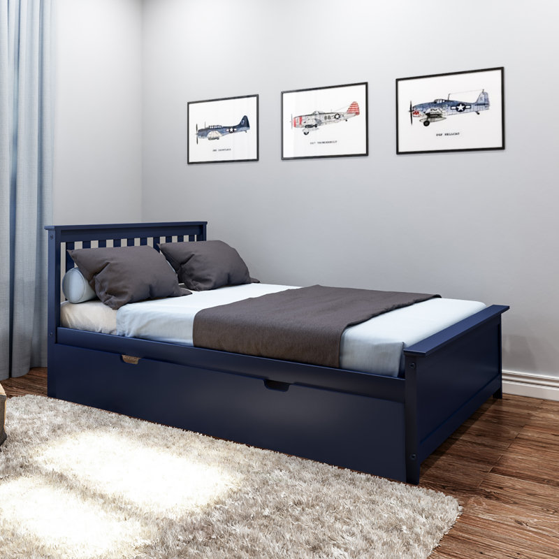 Lit plateforme double en bois massif avec lit gigogne Boling, Bleu, Lit double