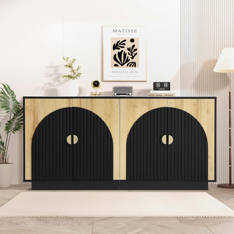 Buffet symétrique Reeded, buffet cannelé de style Mid-Century moderne de 65 po avec rangement et tablettes réglables, console avec crédence pour bar et meuble télé pour le salon et la salle à manger
