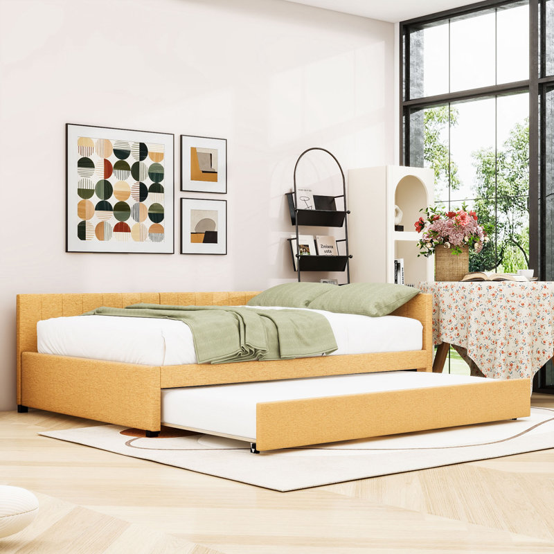 Lit de jour moderne rembourré avec lit gigogne simple, Double, Jaune