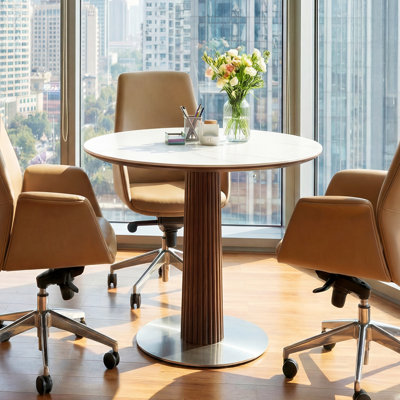31.5 Inch Round Conference Table, Small Meeting Room Table，Sintered Stone Tabletop and Solid Wood + Stainless Steel Base