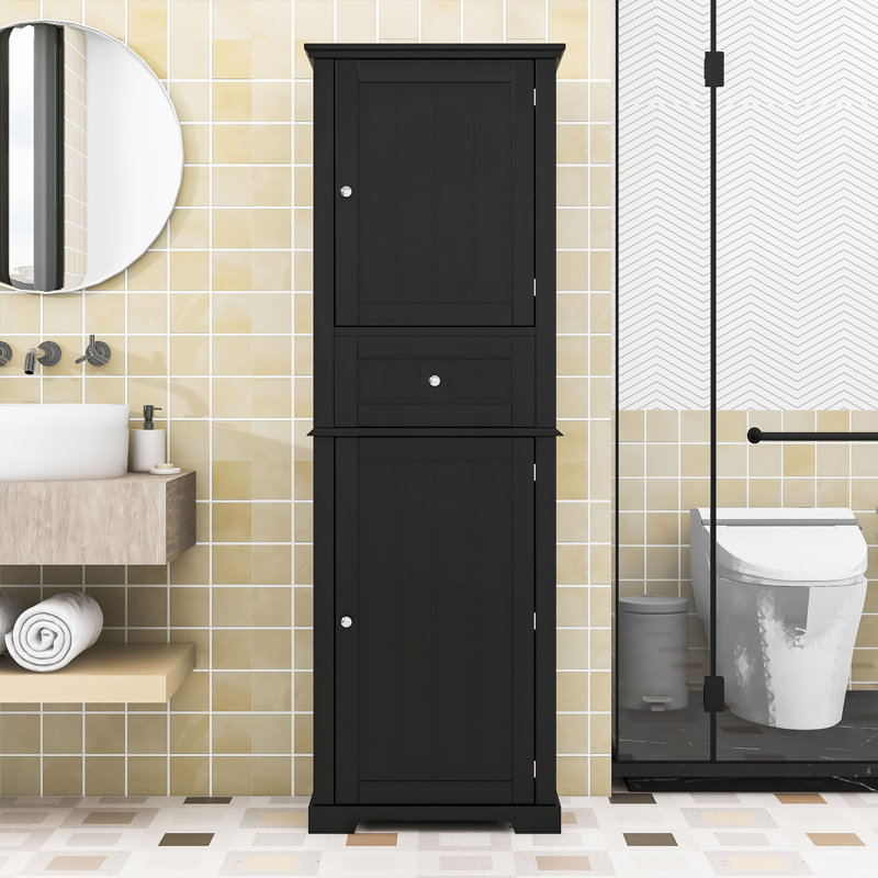 Luxurious Wood Bathroom Storage Cabinet with Adjustable Shelves, 67.5" H x 11.5" W x 22.5" D, Black