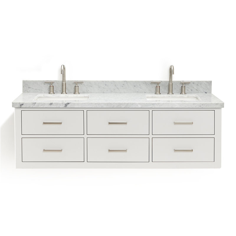 Macolm 73'' Double Bathroom Vanity with Carrara Marble Top, Grey, Brushed Nickel, 61"