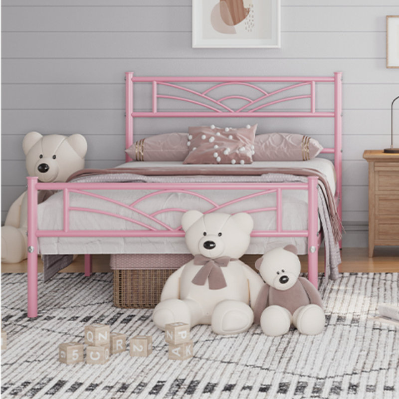 88.5cm Height Metal Bed Frame with Cloud-inspired Design Headboard, Pink, Single (3')