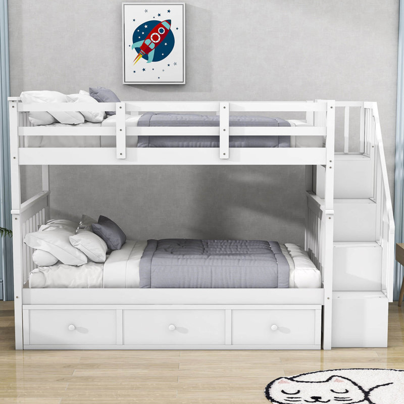 Dhyan Kids Twin Over Twin Bunk Bed with Drawers, White