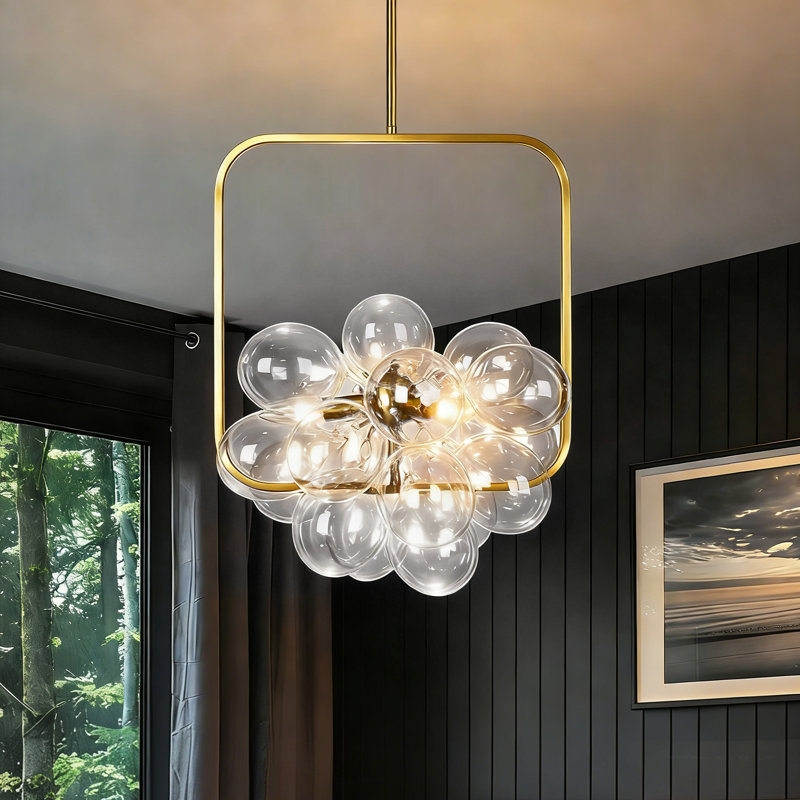 Modern Dimmable Glass Bubble Sphere Chandelier, Dia 15", Clear, Gold